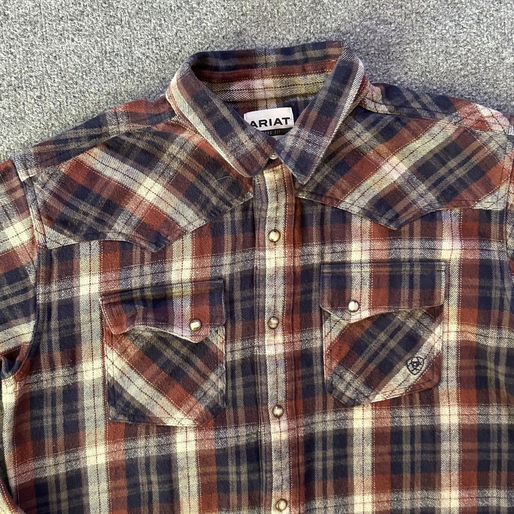 Ariat Shirt Men Large Brown Plaid Western Peal Snap Flannel Long Sleeve Retro